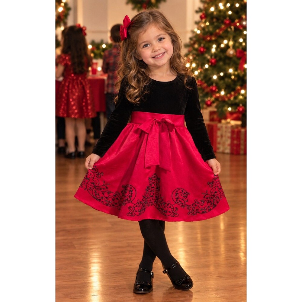 Rare Editions Girls Size 6 Black/Pink Satin Fit & Flare Long Sleeve Bow Dress